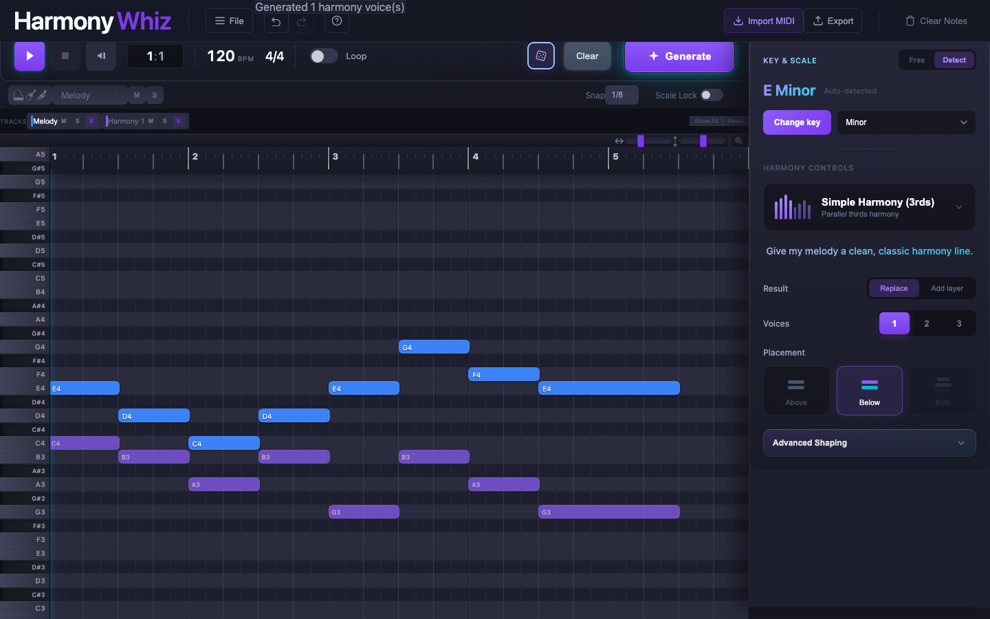 HarmonyWhiz app showing a melody and generated harmony notes in a dark piano-roll interface